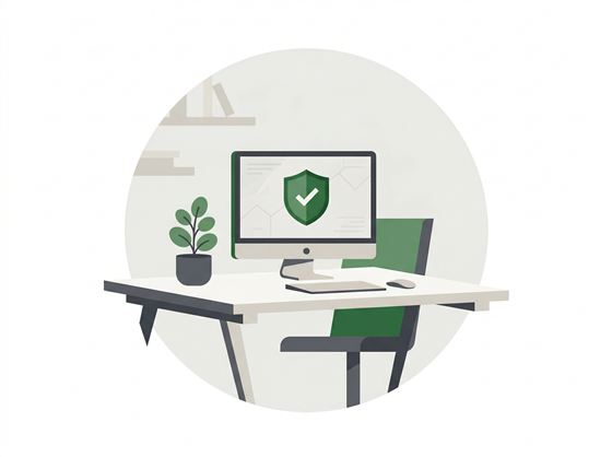 Illustration of a secure computer workstation with shield icon