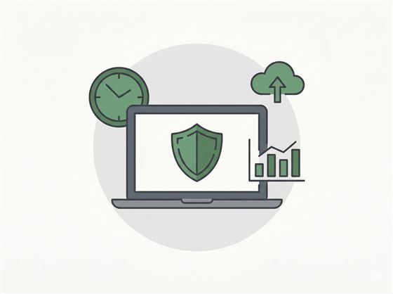 Illustration of laptop with security shield, cloud backup, and monitoring icons